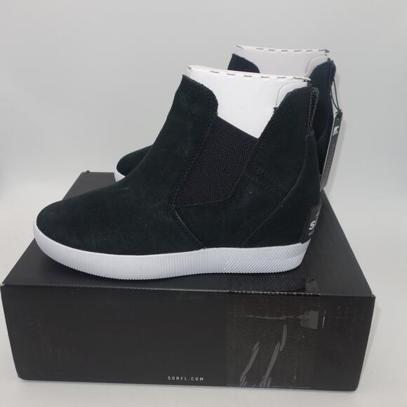 Sorel Women's 5 Out N About Slip-On Wedge Bootie Black White Waterproof - Picture 1 of 6